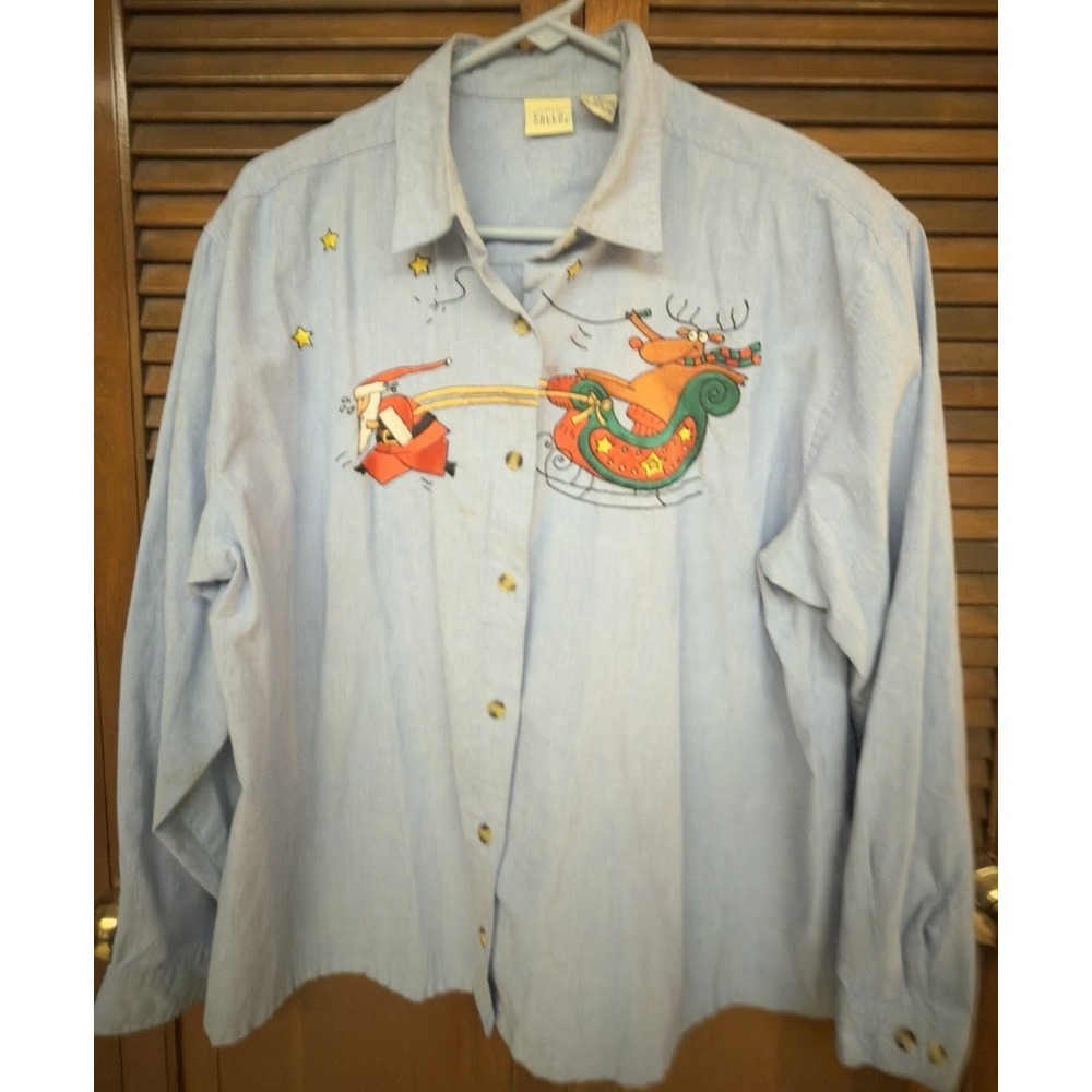 Vintage 90s Falls Creek Christmas Shirt 18W Santa Reindeer Embroidered Blue